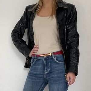 Genuine leather crocodile black patent jacket with elastic stripes